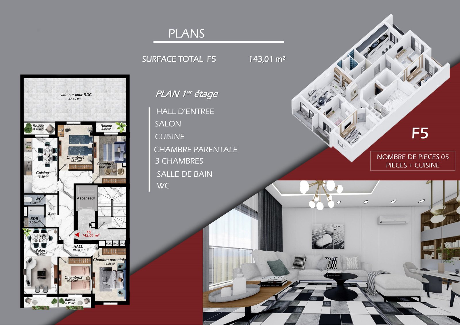 Appartement F5 à vendre - Fernand Ville - Oran avec suite parentale