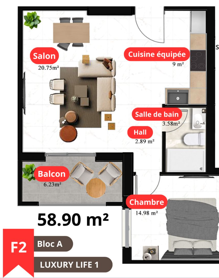 Appartement F2 à vendre - Belgaid - Oran avec vue panoramique