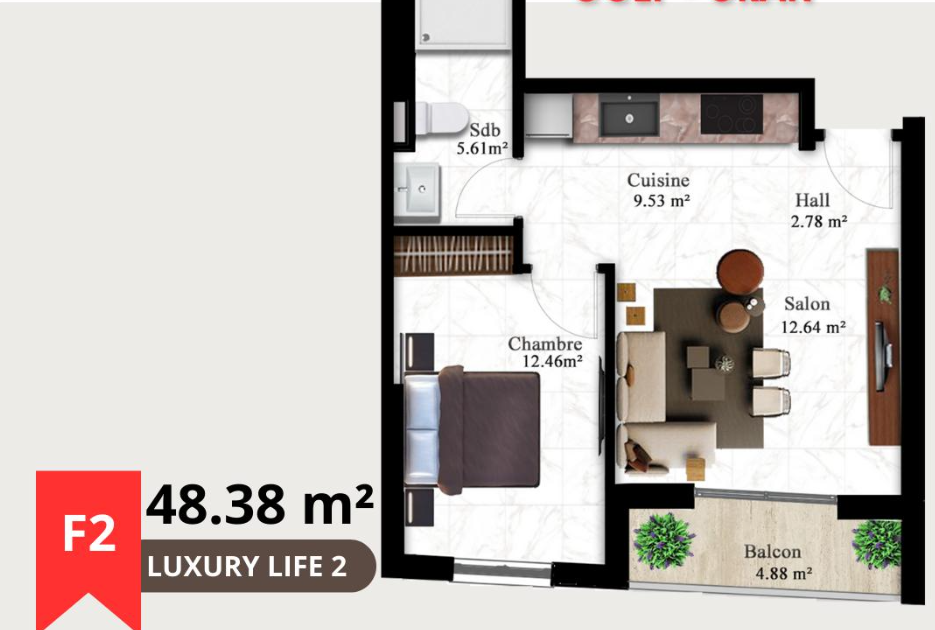 Appartement F2 48, à vendre à Boulverd Des Lions Golf - Oran avec jardin