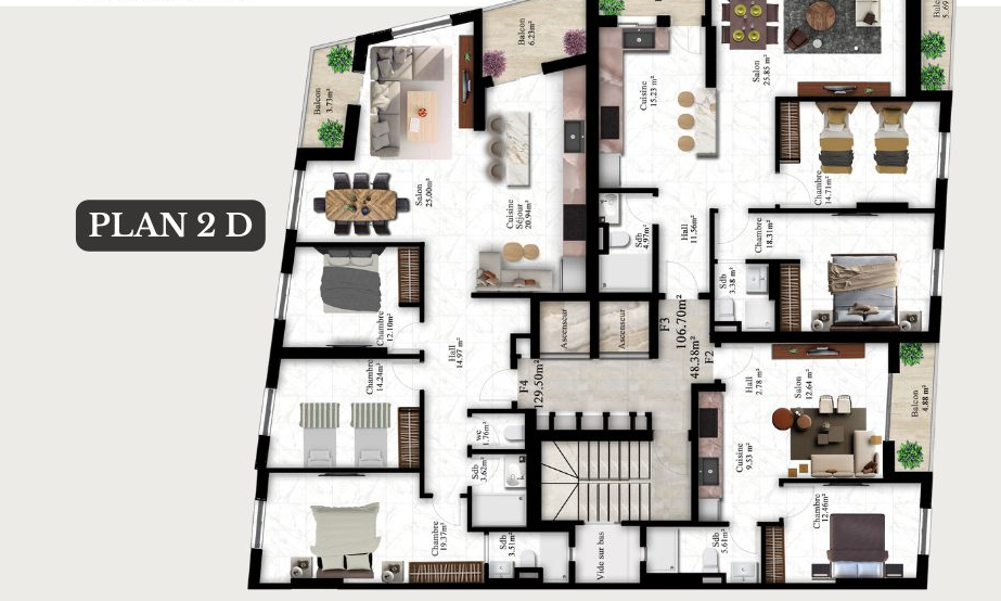 Appartement F2 48, à vendre à Boulverd Des Lions Golf - Oran avec jardin