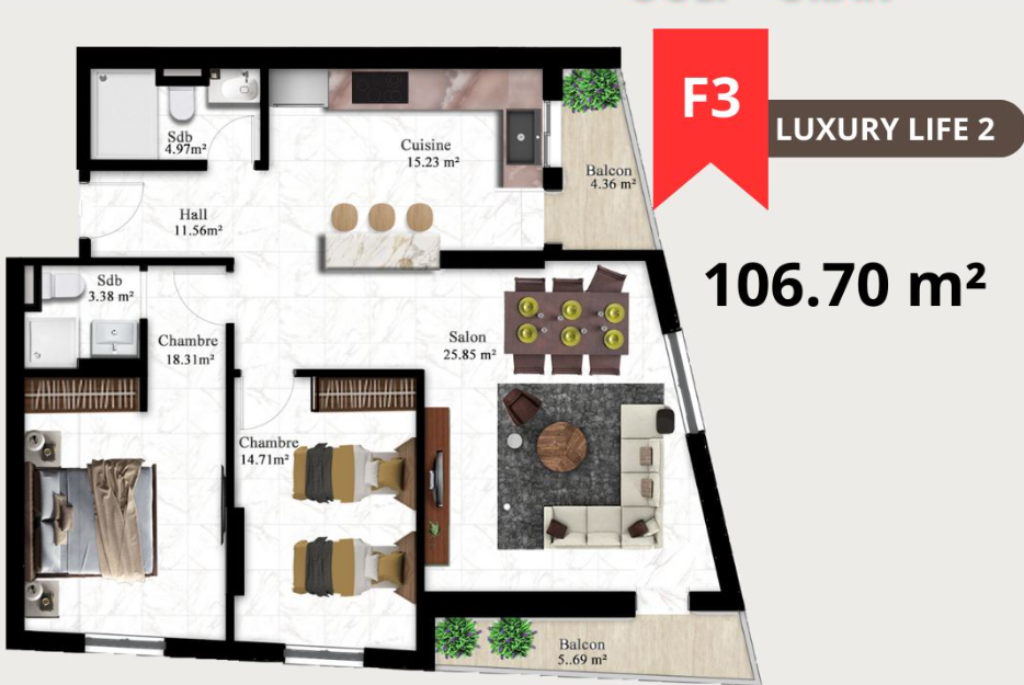 Appartement F3 106, à vendre - Boulverd Des Lions - Oran avec jardin