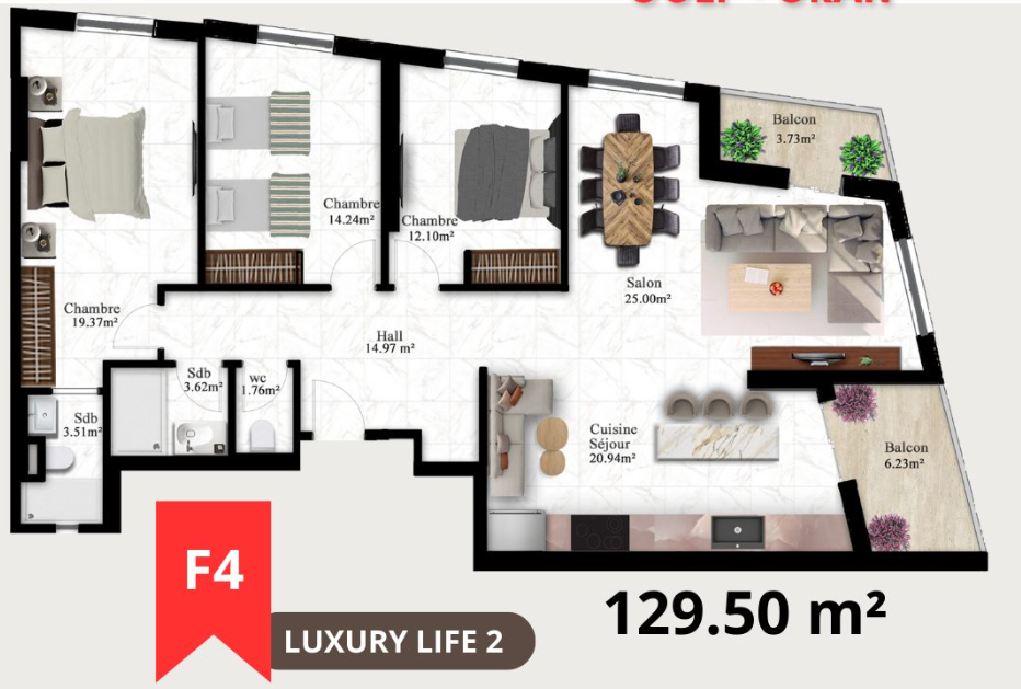 Appartement F4 129, à vendre - Boulverd Des Lions - Oran avec jardin