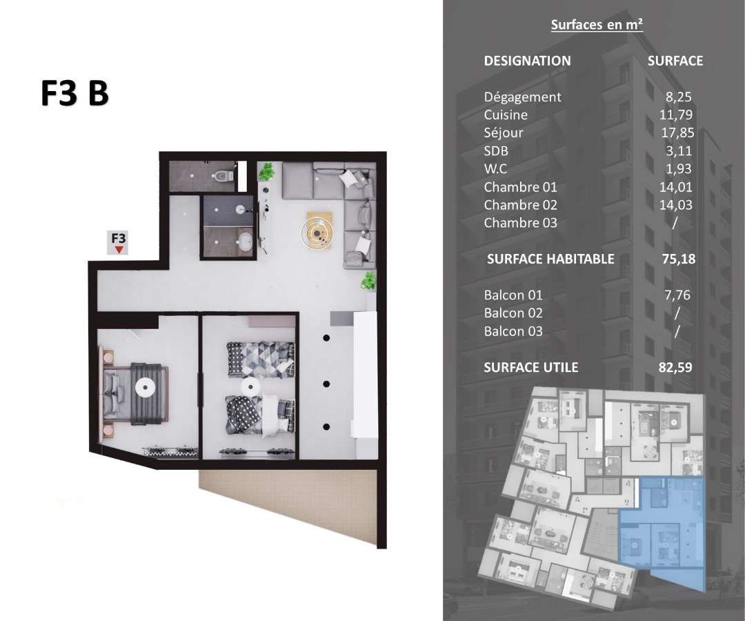 Appartement F3 à vendre -Protin-Oran